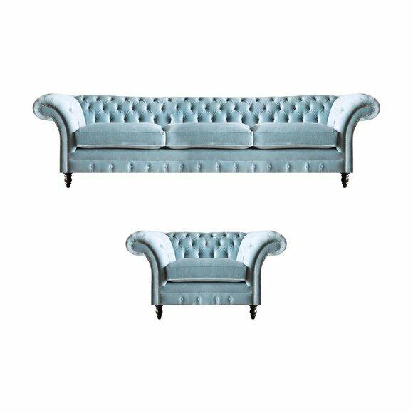 Stylish Chesterfield Blue Seating Set Elegant Furniture Three Seater Armchair