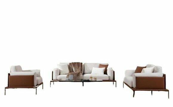 Stylish white-brown living room sofa set 3-seater textile armchair