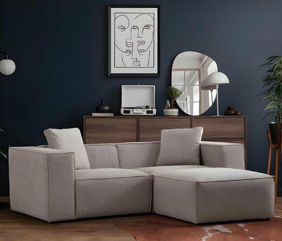 Living room set 2-piece 3-seater with stool modern design grey plain