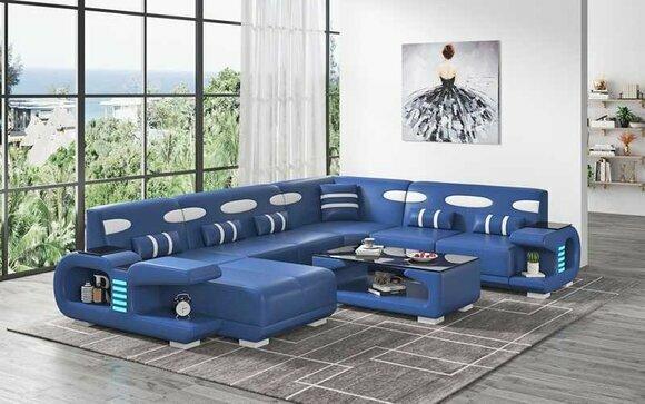 Living area XXL sofa U shape large corner sofa leather sofa blue sofas new