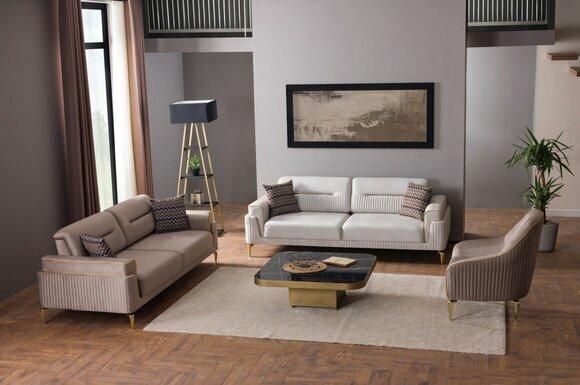 Light brown-white sofa set upholstered furniture three-seater armchair 3pcs