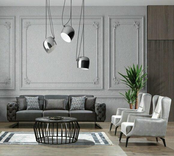 Grey-white living room set Chesterfield sofa luxury 2x armchairs