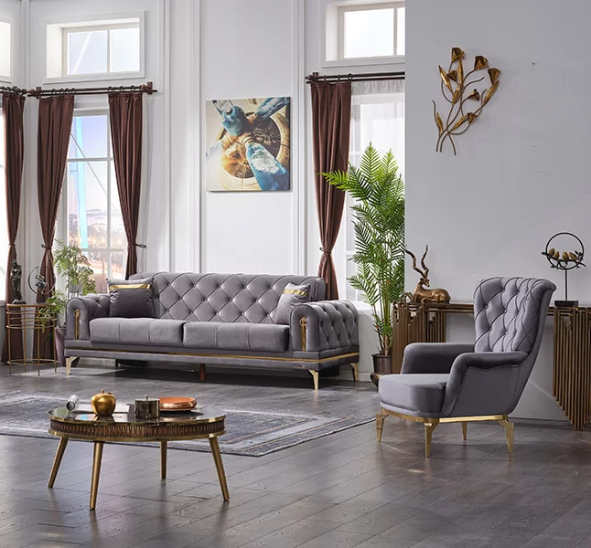 Luxury sofa 3-seater with armchair living room couch set Chesterfield gray