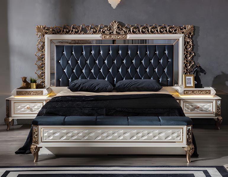 Luxury bed bedroom furniture 2x nightstands bed set interior 3 pieces.