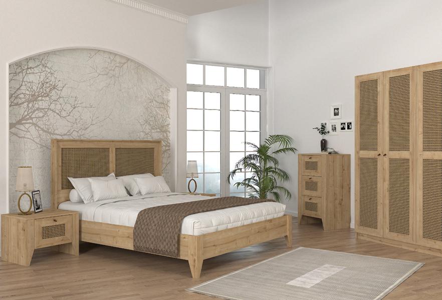 Complete bedroom set with wardrobe, bed, dresser, nightstands, brown, 5 pieces.