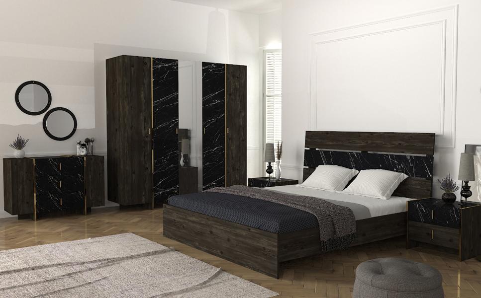 Brown bedroom combination furniture set bed dresser modern 6 pieces.