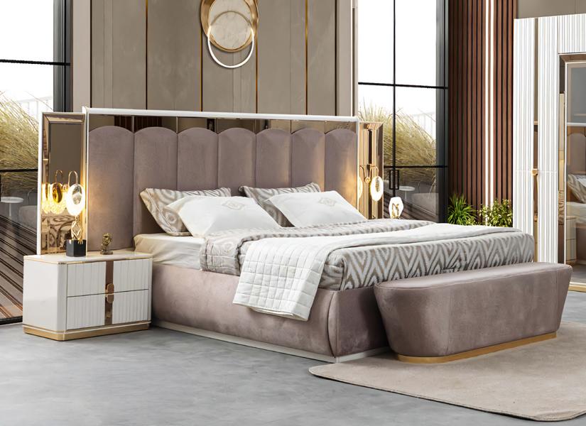 Bedroom set bed nightstands bench white pink glass wood stainless steel