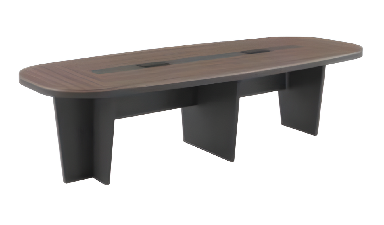 Modern conference table with brown wood top, oval tabletop, meeting table.