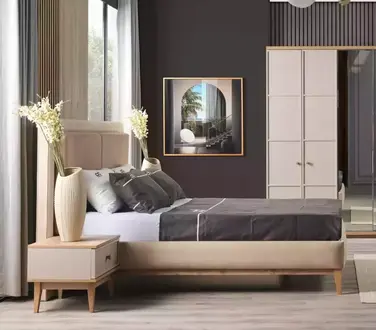 Luxury Bedroom Bed + 2x Nightstands Wood Complete Modern Beige