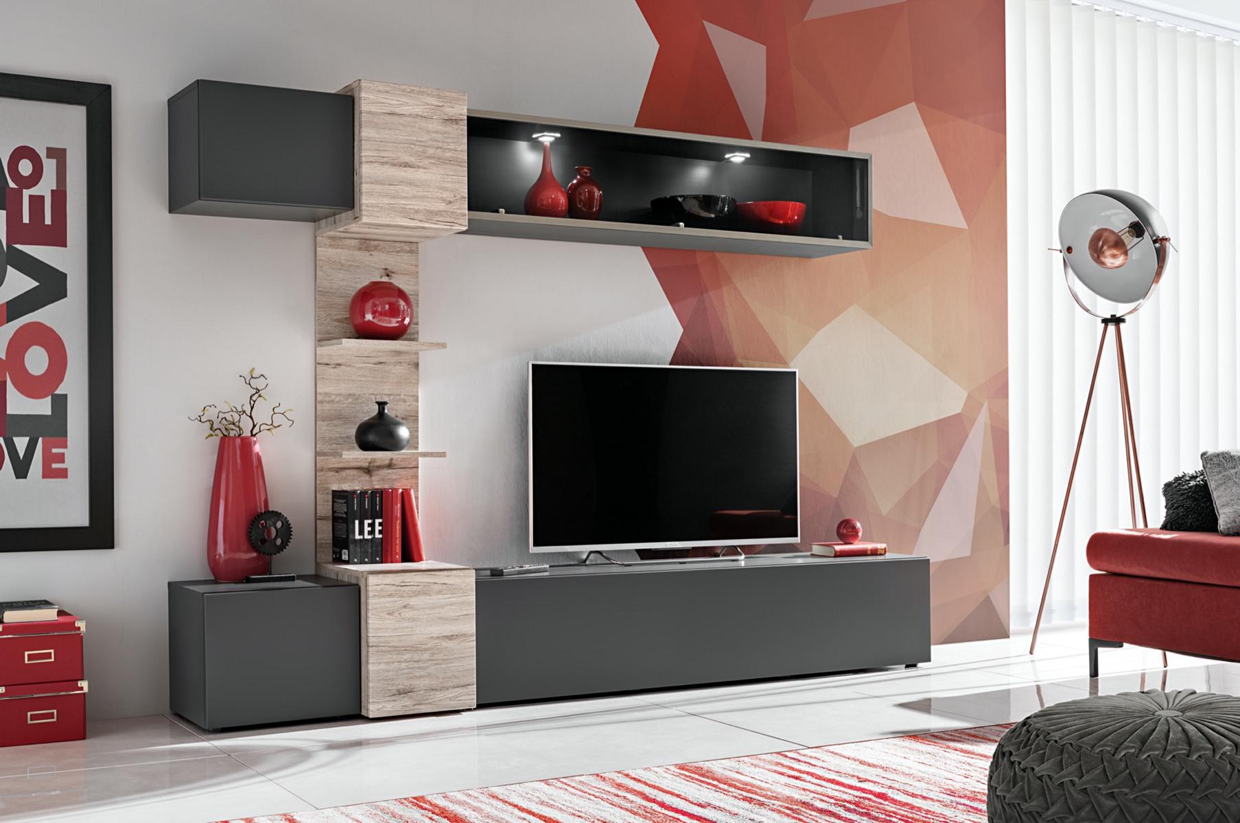 Designer living room modern set wall unit wall shelves gray TV stand