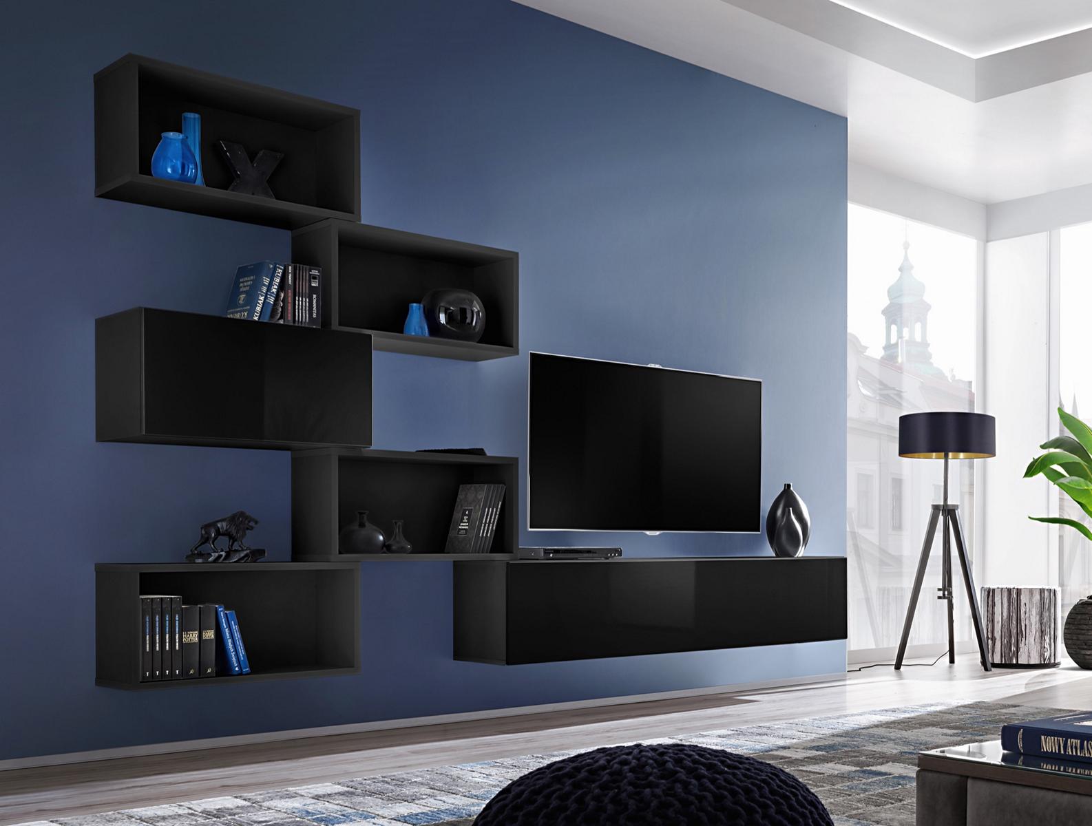 Black living room wall lowboard modern TV stand wall shelf