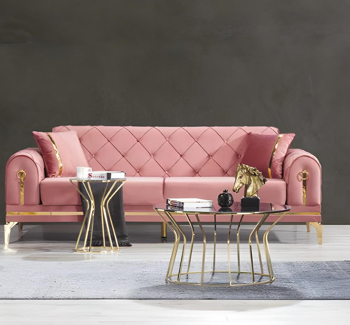 Rosa Chesterfield Textile Couch Designer 3-Seater Stainless Steel Luxury Furniture