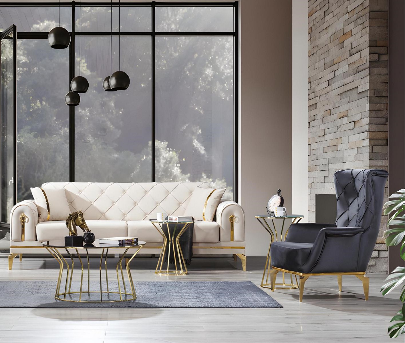 Exclusive Chesterfield sofa set White three-seater Gray armchair