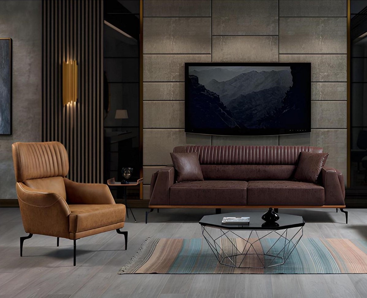 Brown leather sofa set exclusive three-seater luxurious single-seater 2-piece.