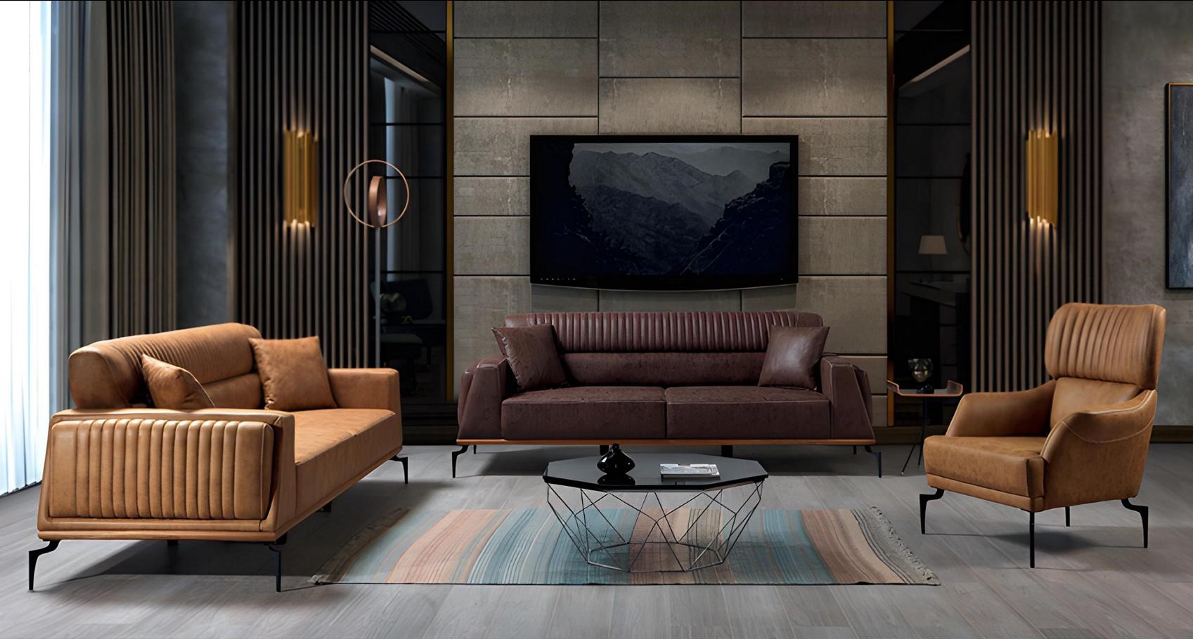 Modern brown couch set designer 2x 3-seater sofas upholstered armchair