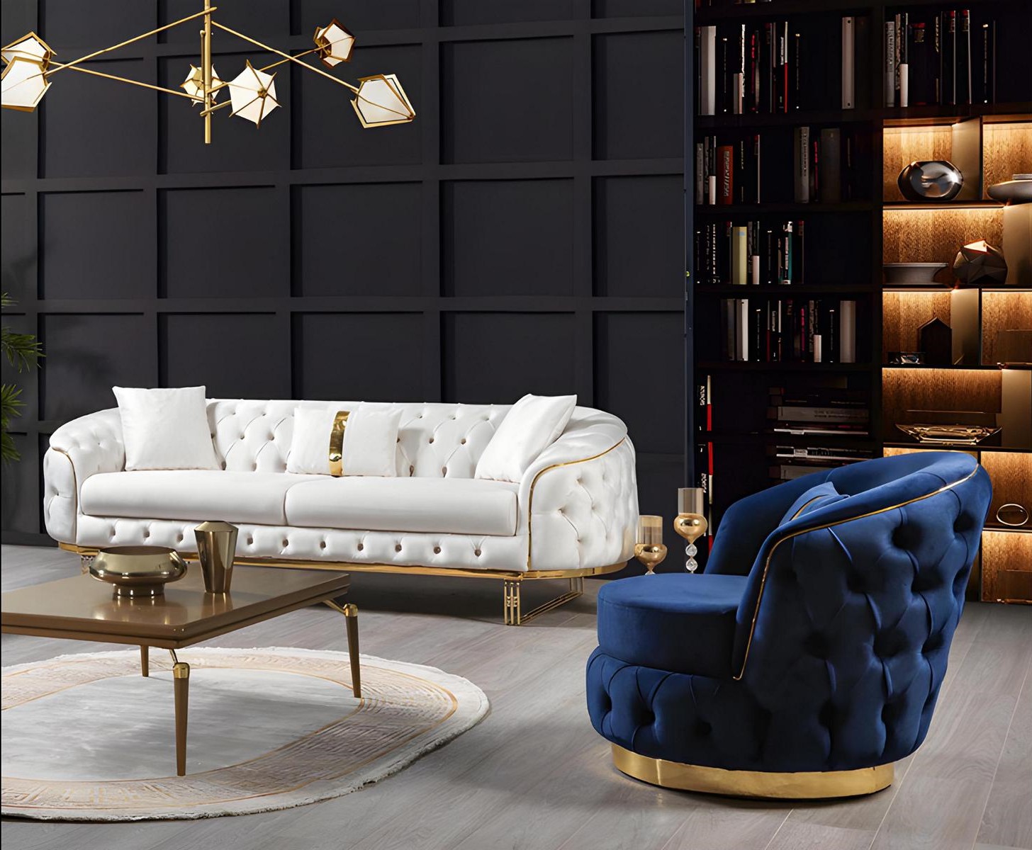 Chesterfield White-Blue Sofa Set Stylish Three-Seater Modern Armchair