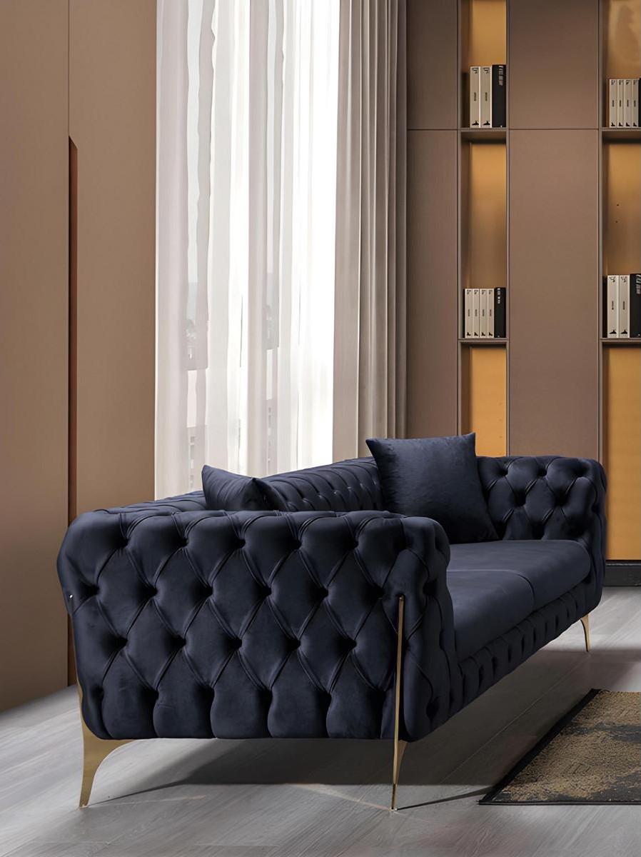 Black Chesterfield Three-Seater Luxurious Living Room Stainless Steel Couch