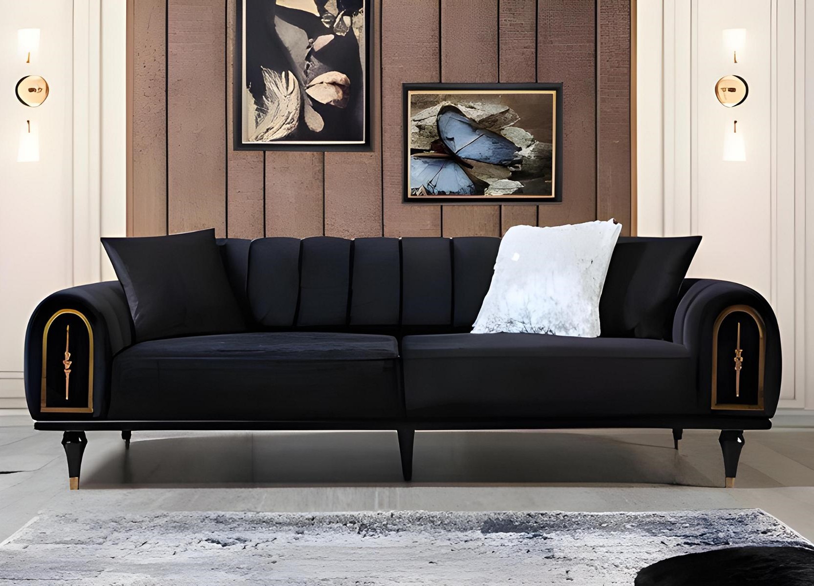 Black three-seater living room upholstered couch designer 3-seater furniture