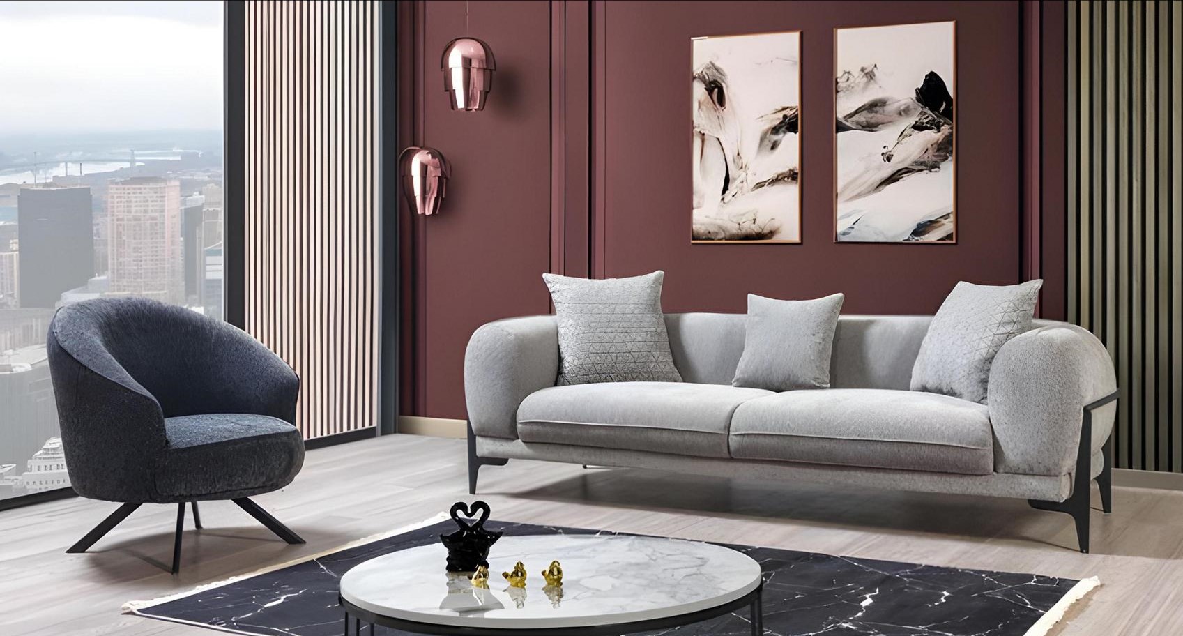 Gray sofa set, luxurious three-seater couch, modern armchair, 2-piece.