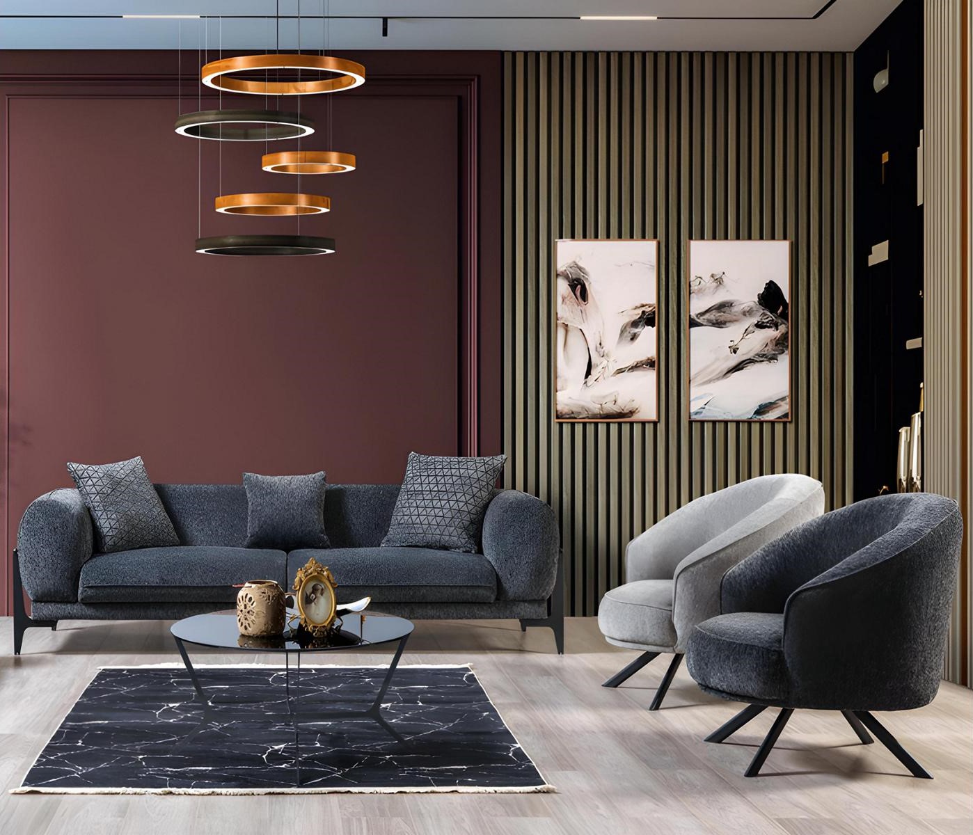 Send cushions sofa set modern 3-seater luxurious 2x textile armchairs