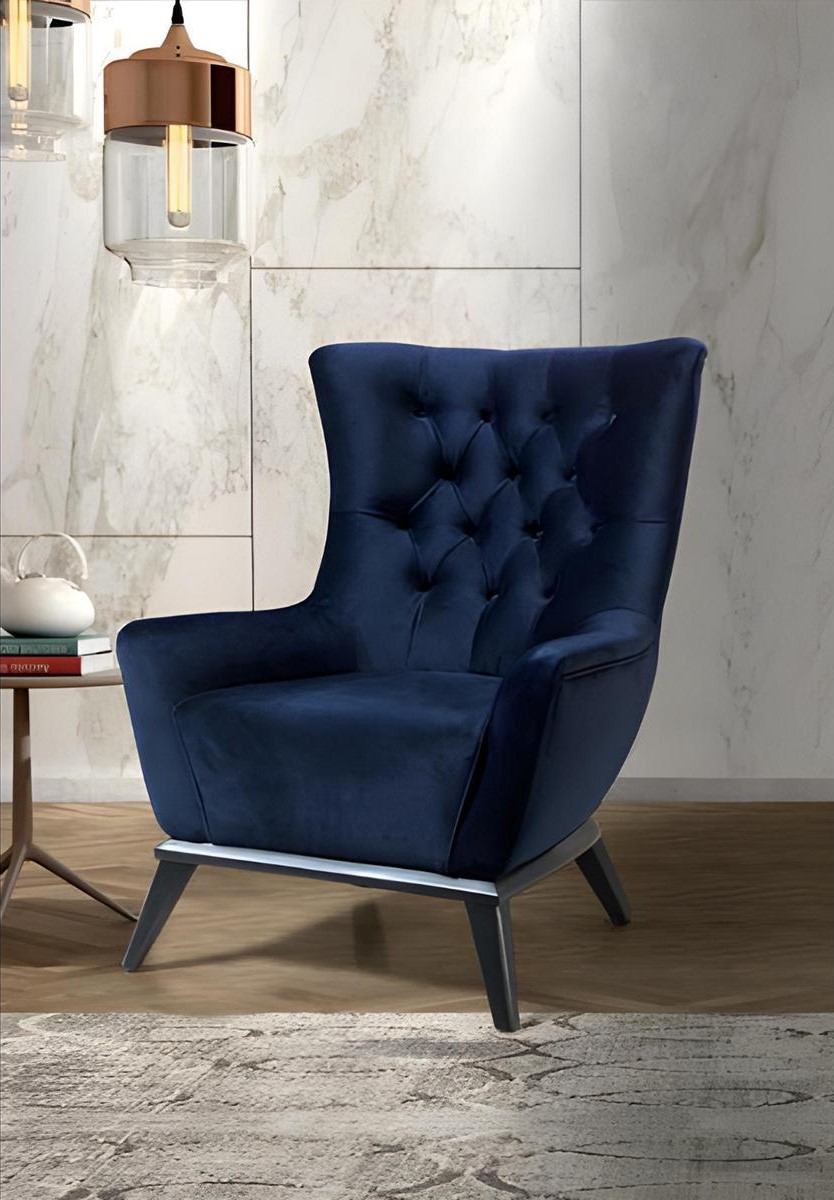 Chic Chesterfield Dark Blue Armchair Upholstered Single Seat Wooden Frame
