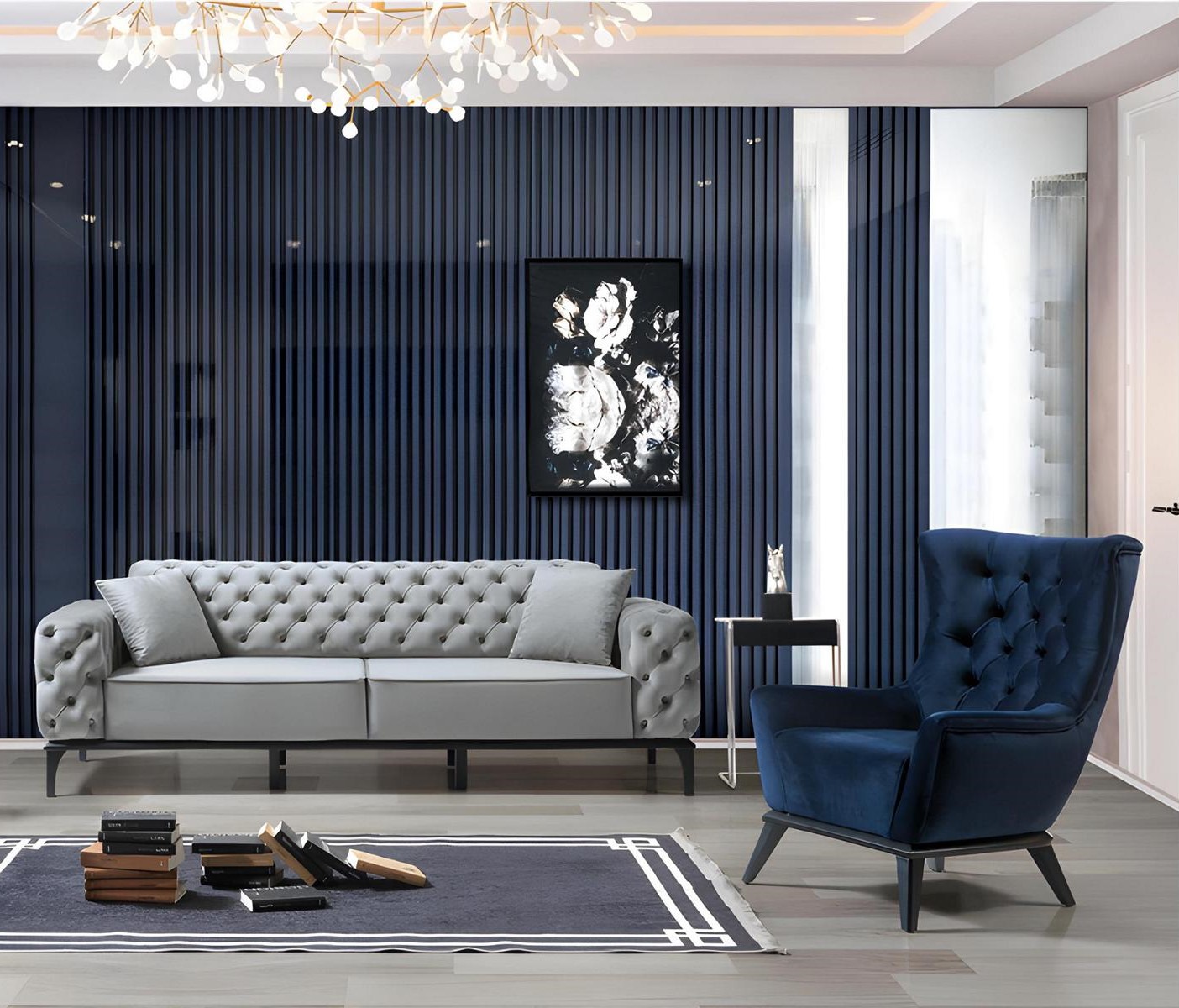 Chesterfield Gray-Blue Sofa Set Modern 3-Seater Luxury Single Seat