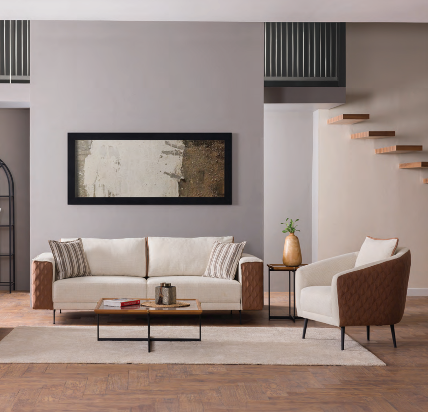 Designer beige sofa set stylish three-seater elegant upholstered armchair 2-piece