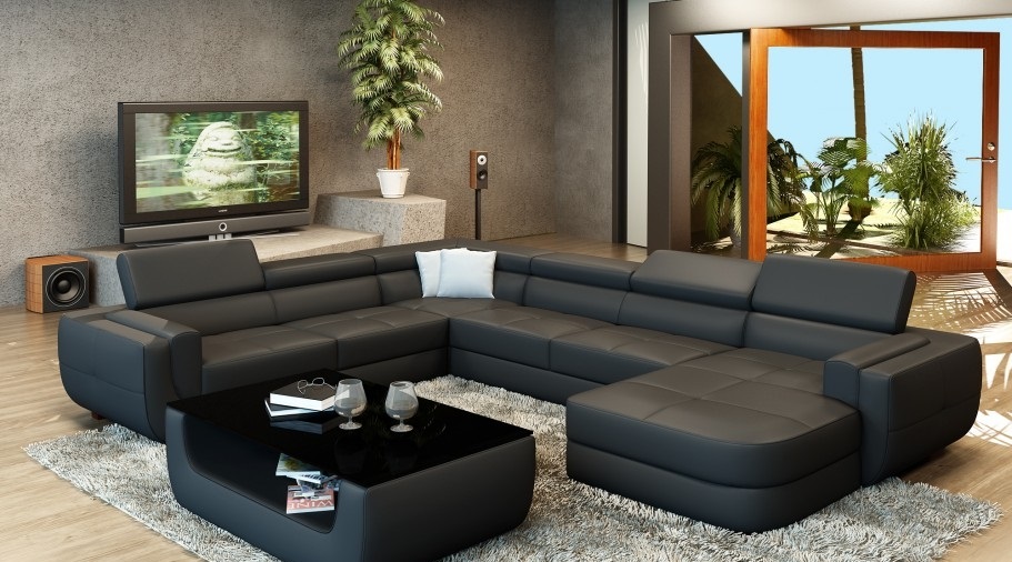 Designer sofa seating, upholstered corner leather sofa, living landscape sofa with USB, new upholstery.