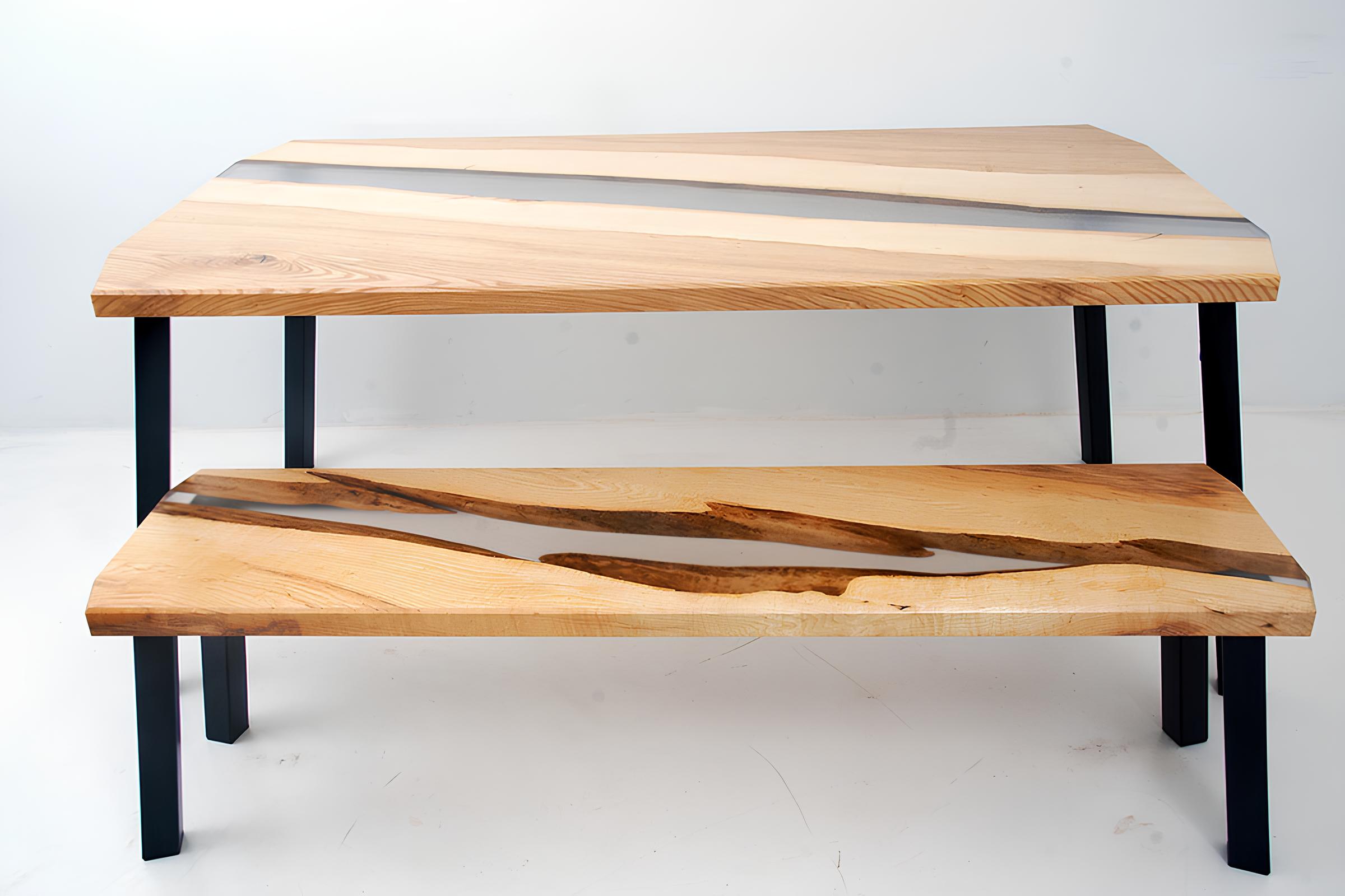 Epoxy Resin Table Bench 2-piece Set Real Wood Waterfall River Tables Group New