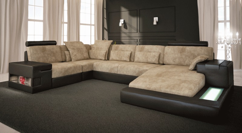 Sectional Sofa Living Room Landscape U Shape Upholstered Couch Leather Sofa Fabric Leather USB + LED