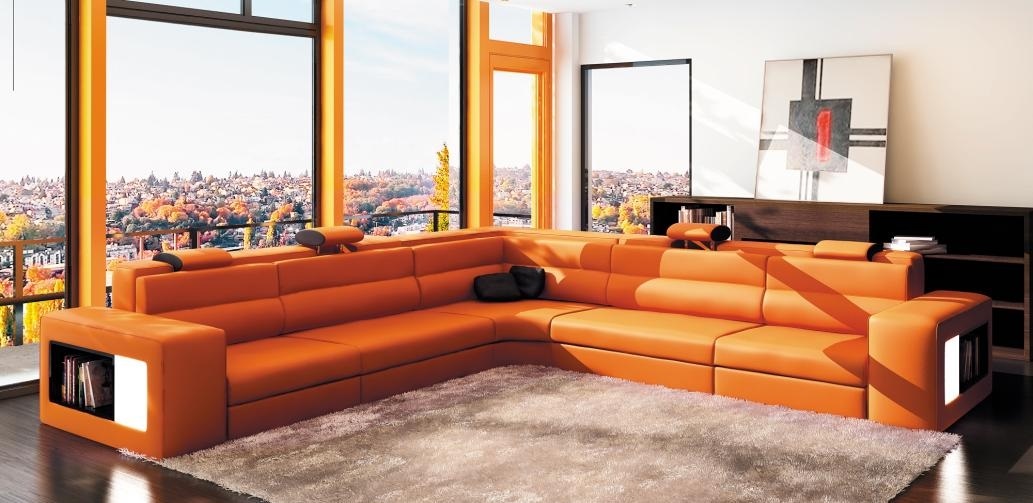 Leather sofa with USB corner sofa seating upholstery living landscape XXL big rattan orange.