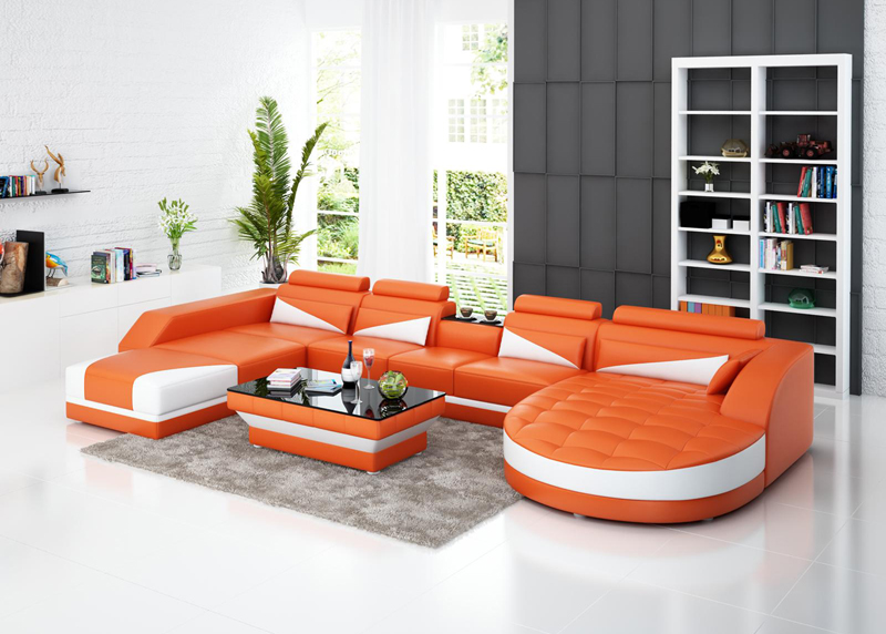 Leather sofa couch living landscape corner sofa set modern design sofa USB orange