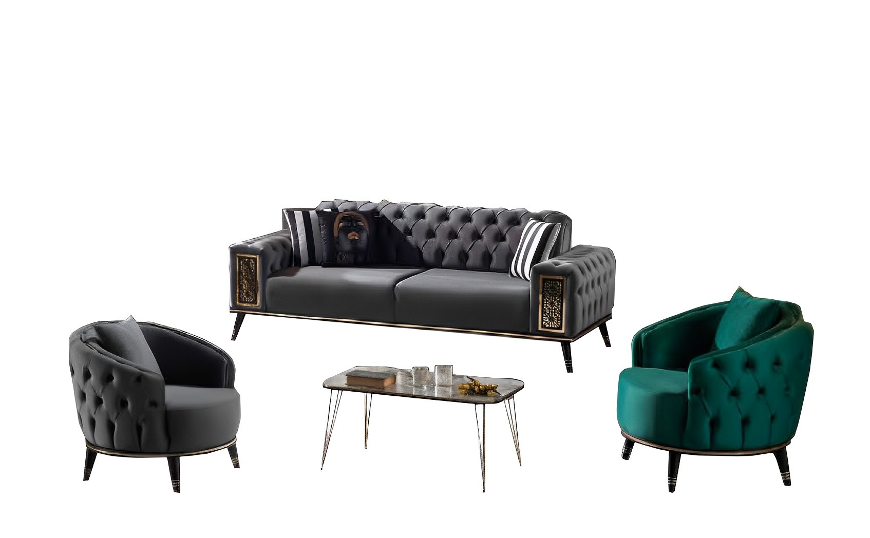 Chesterfield Gray-Green Sofa Set Designer 2x Triple Seat Upholstered Chairs