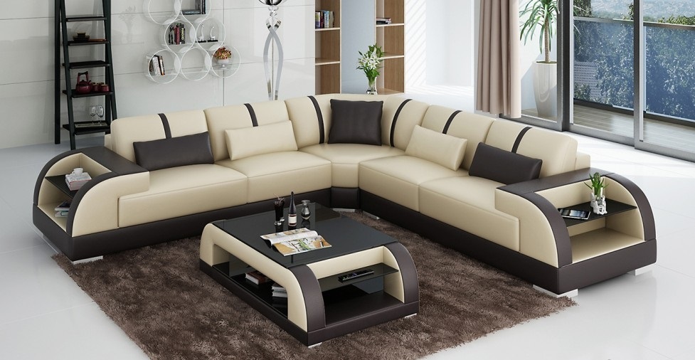 Design Corner Leather Sofa Couch Upholstery Set Living Landscape L-Shaped Modern Beige
