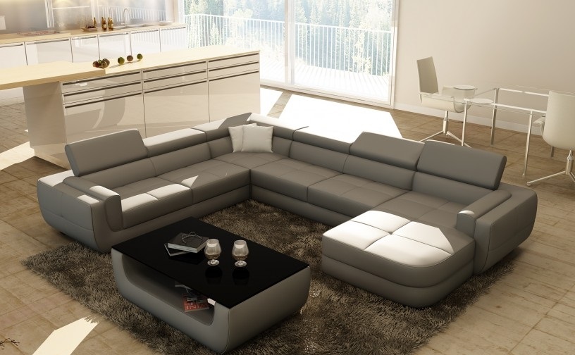Living landscape designer sofa with USB, big padded leather corner couch.