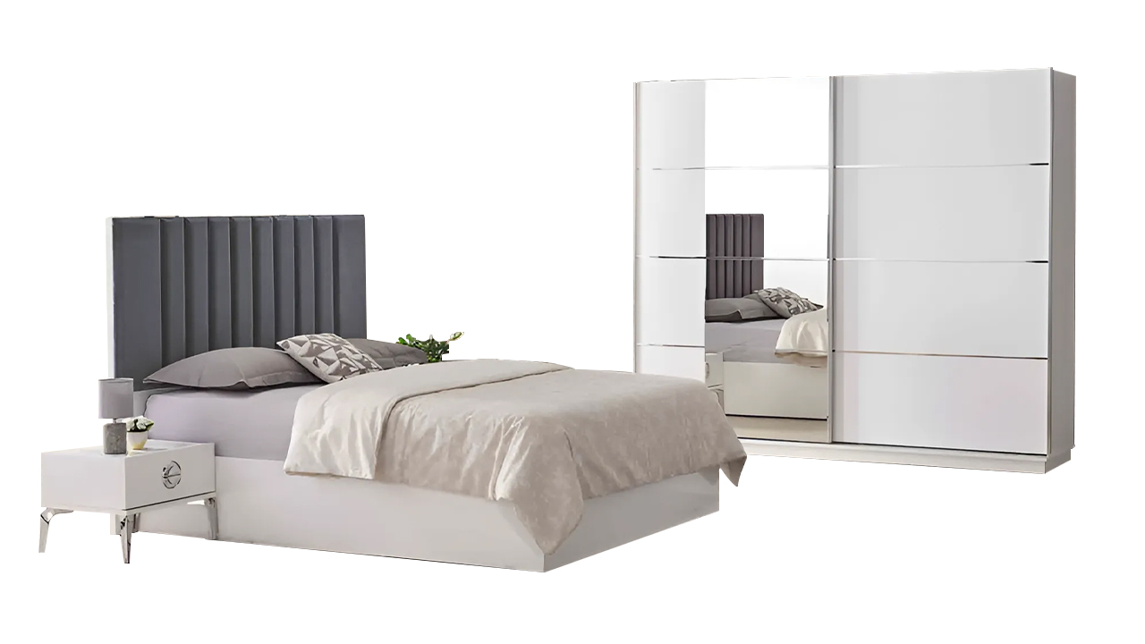 Complete bedroom furniture double bed nightstands 4-piece wardrobe white