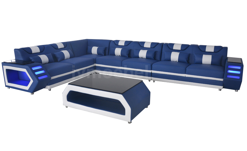 Blue design corner sofa couch with LED lighting + USB connection living landscape sofa