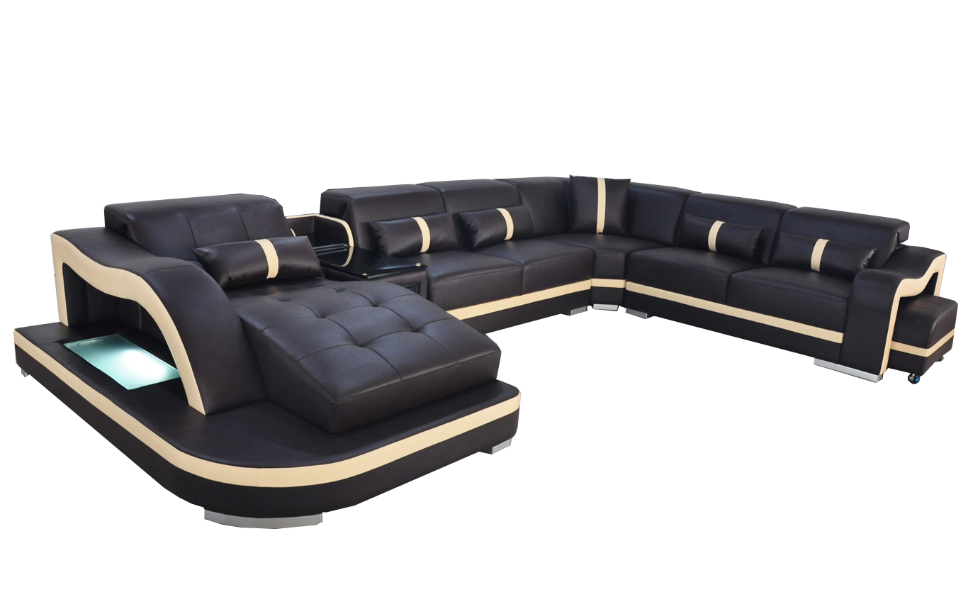 Leather couch upholstery seat living landscape modern set sofa with USB U shape LED