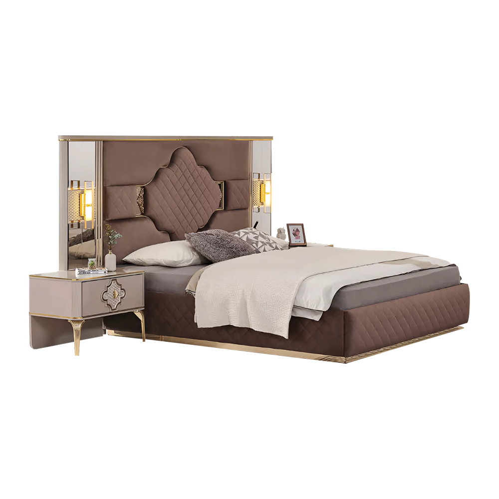 Brown-Beige Exclusive Bedroom Set Double Bed 2x Nightstands