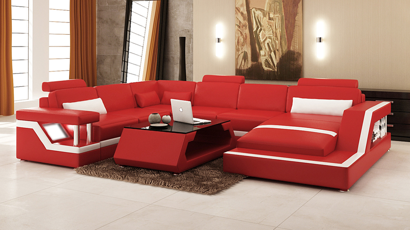Design leather living room corner sofa modern set couch corner red USB + LED