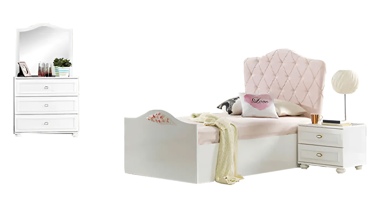 Children\'s furniture, children\'s bed, bedside table, wooden chest of drawers, 3-piece, white, children\'s room.