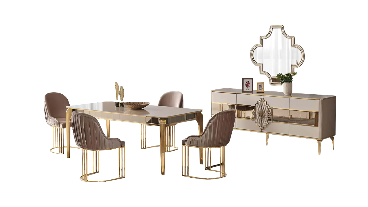 Dining room furniture dining set 7 pieces dining table chairs sideboard beige table