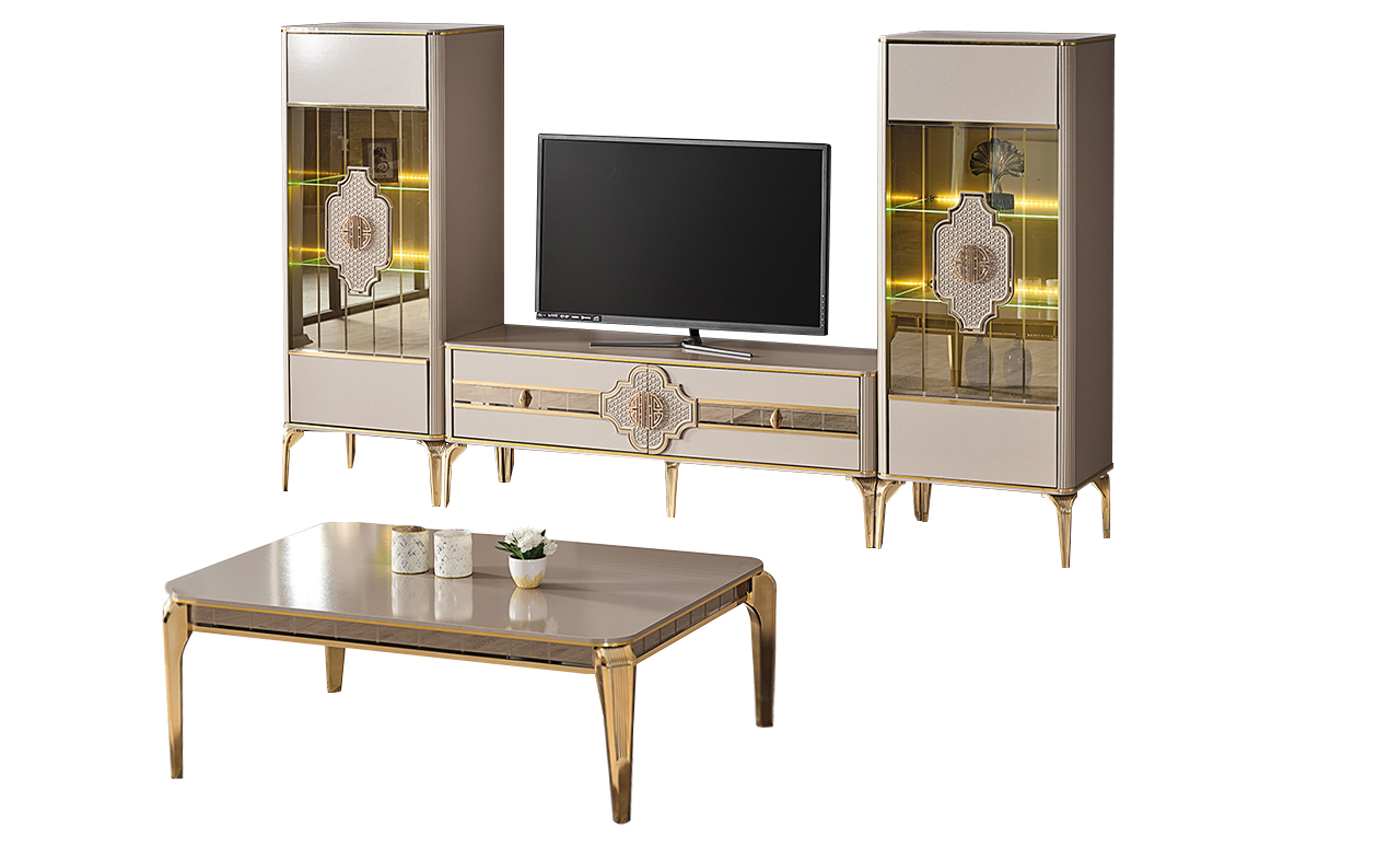 Living room set TV stand display cabinet coffee table cupboard beige 4 pieces