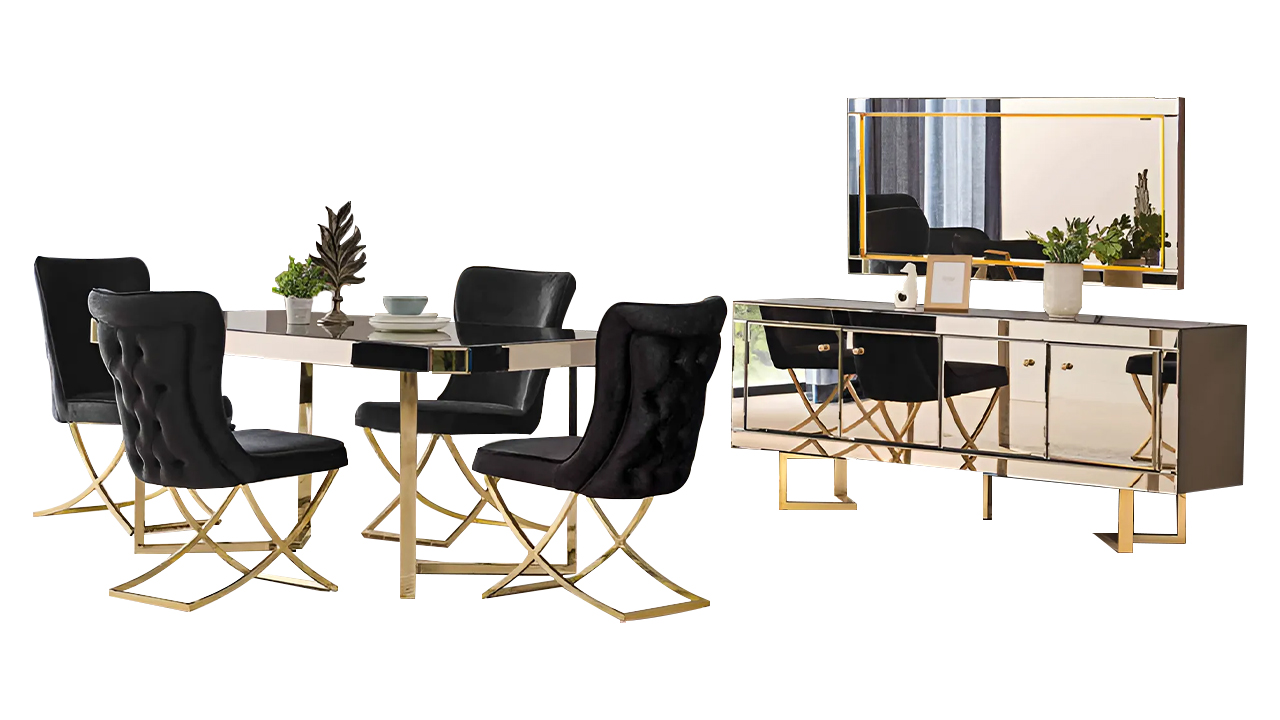 Dining table set with table and chairs, 9-piece dining group with sideboard.