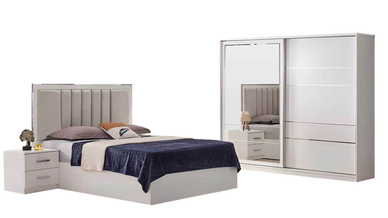 Double bed complete bedroom nightstands bed 4-piece beige wardrobe