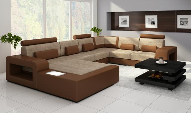 Living landscape sofa with USB, fabric textile leather sofa set with lighting.