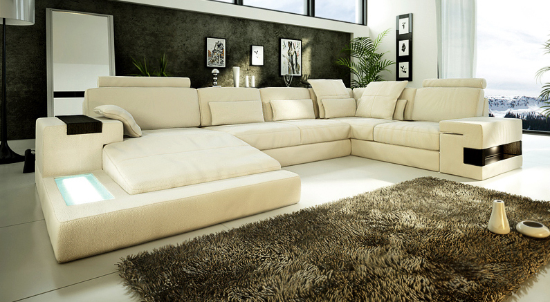 Leather sofa USB design sofa U-shaped living landscape couch padded corner sofa new LED