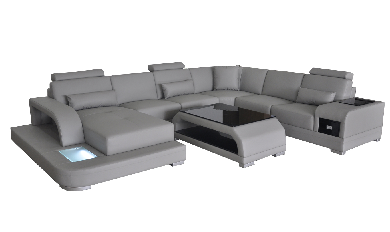 Corner sofa with USB cushion, gray leather couch set, modern living landscape.