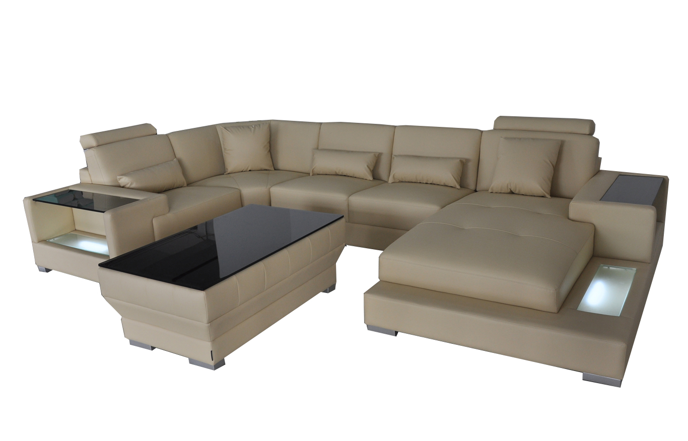 Leather sofa living landscape set modern design corner sofa U-shape with USB & lighting