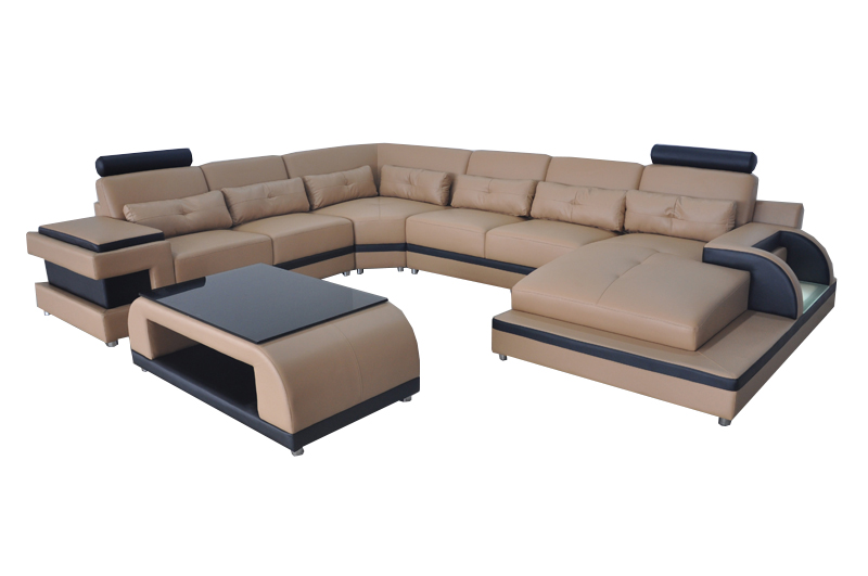 Luxury upholstered leather corner sofa with USB, living room furniture set.